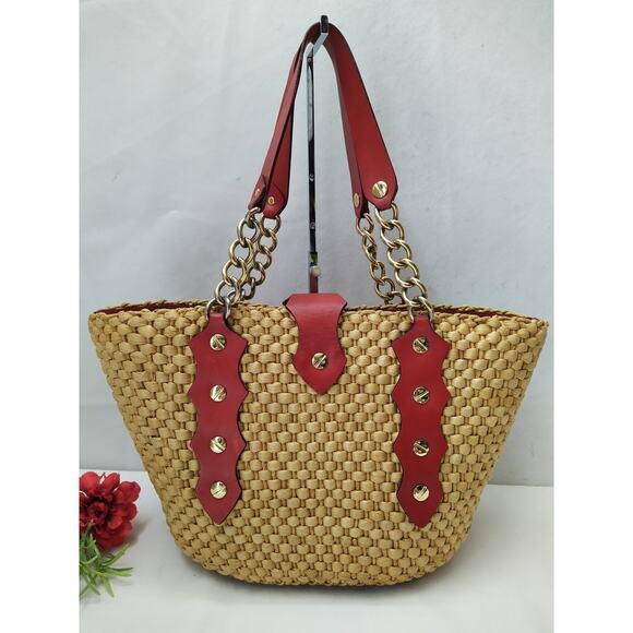 Michael Kors Santorini Straw Corn Husk Leather Trim Turn Lock Tote Shoulder Bag - Picture 2 of 16